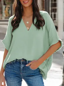 Frayed Batwing Sleeve Textured Cotton Blouse, 100% Cotton Simple and Stylish With A Solid Color and Textured Shell.