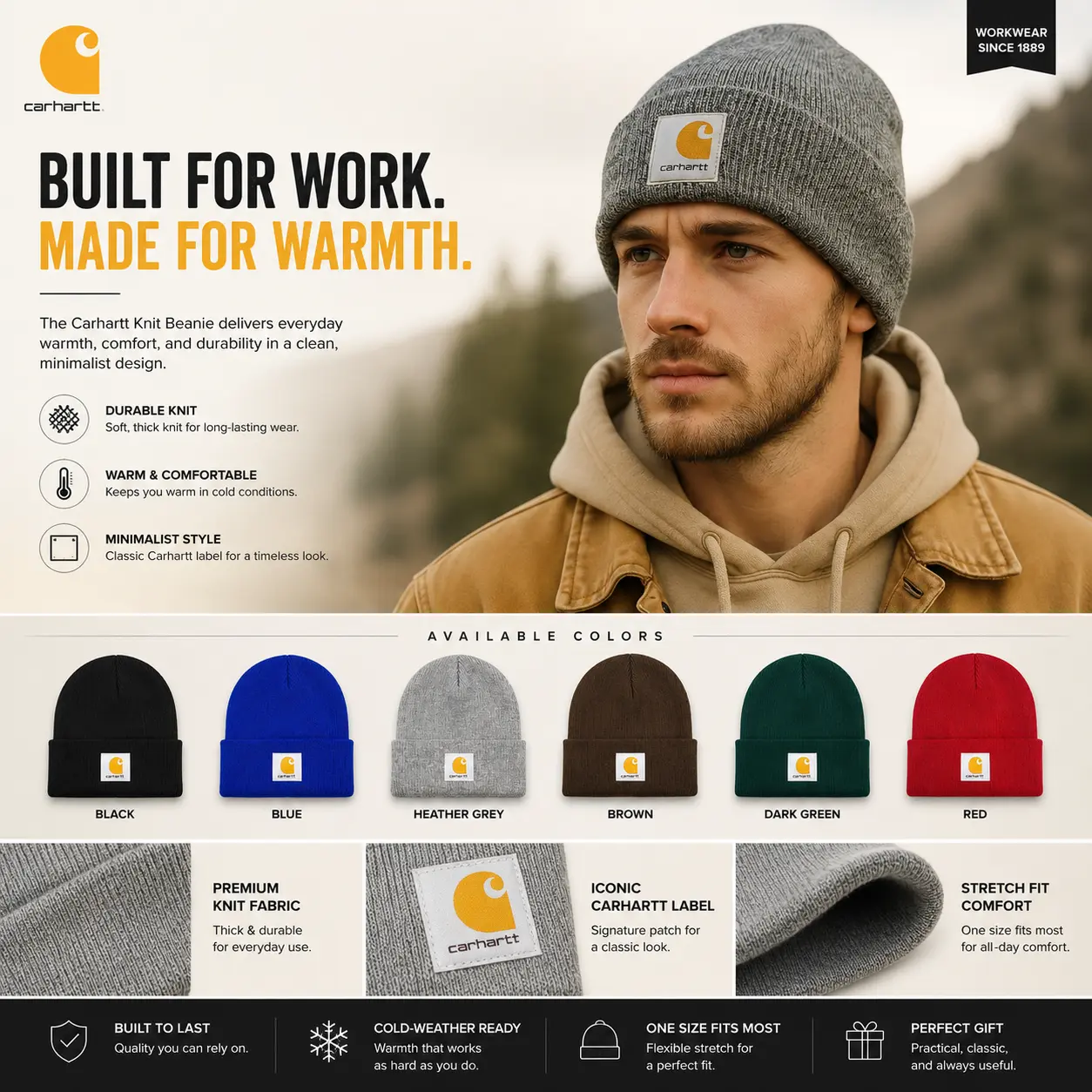 Carhartt Watch Cap Beanie Warm Acrylic Winter Knit Hat for Men Women Comfortable Stretch Cuffed Skull Cap Outdoor Workwear Casual Streetwear Cold Weather Everyday Fashion Adult One Size