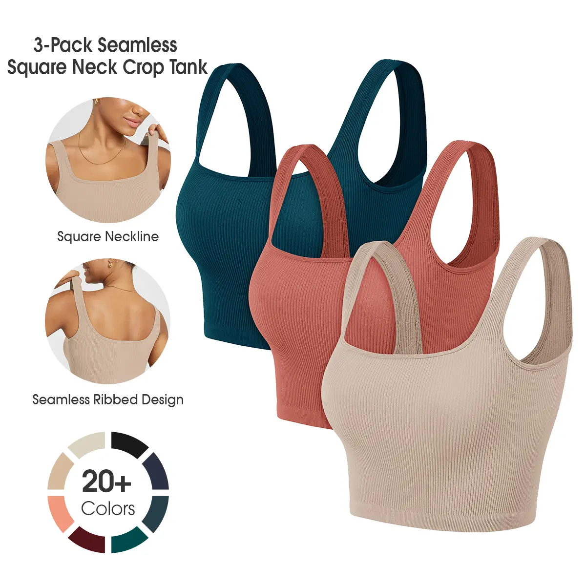 ODODOS 3-Pack Seamless Square Neck Crop Tank for Women Ribbed Knit Soft Low Back Cropped Tops summerwins,back to school,back to school shopping