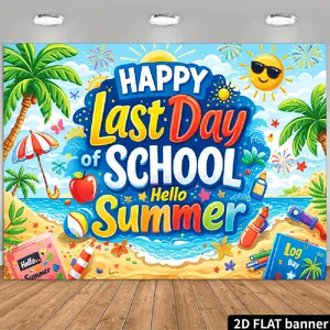 2D Flat Banner Polyester Photography Backdrop, HD digitally printed soft lightweight foldable background cloth with a vibrant summer beach scene, featuring "Happy Last Day of School Hello Summer" text, ideal for graduation parties
