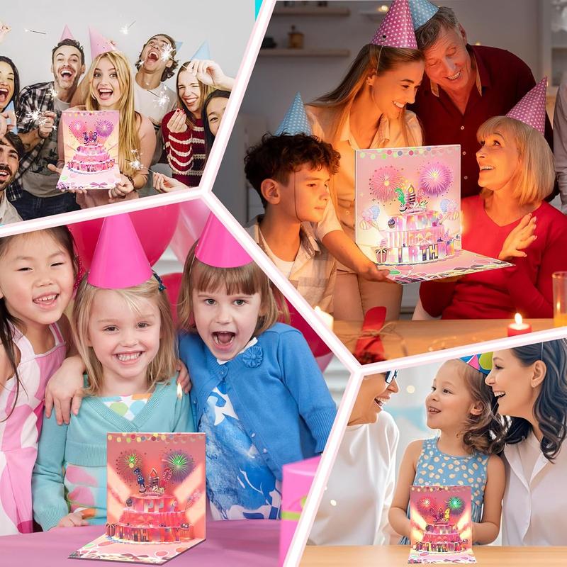 Cake Fireworks LED Candle Lights, 3D Birthday Card with Music and Colorful Lights, Musical Happy Pop-Up Birthday Card, Musical Birthday Gift Card for Kids, Wife, Husband, Grandpa, Grandma, Daughter, Son - Pink, Birthday Gift