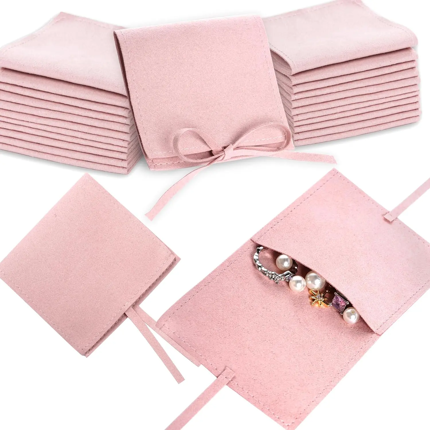 Jewelry Pouch 12 count Jewelry Packaging Bag Microfiber Jewelry Bags 8 * 8cm Jewelry Bags Envelope Style with Strings Jewelry Pouches Bulk for Bracelet Necklace Packaging(Pink)