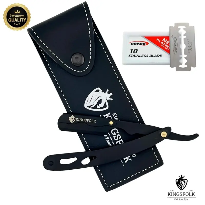 Kingsfolk Premium Straight Blade Razor - Ergonomic Stainless Steel Handle (Resists Daily Wear), 10 Double-Edge Blades, Leather Pouch, 12 cm, 55g, Men’s Manual Razor for Smooth Shave & Luxurious Grooming, 100% Satisfaction Guarantee, Ergonomic Handle