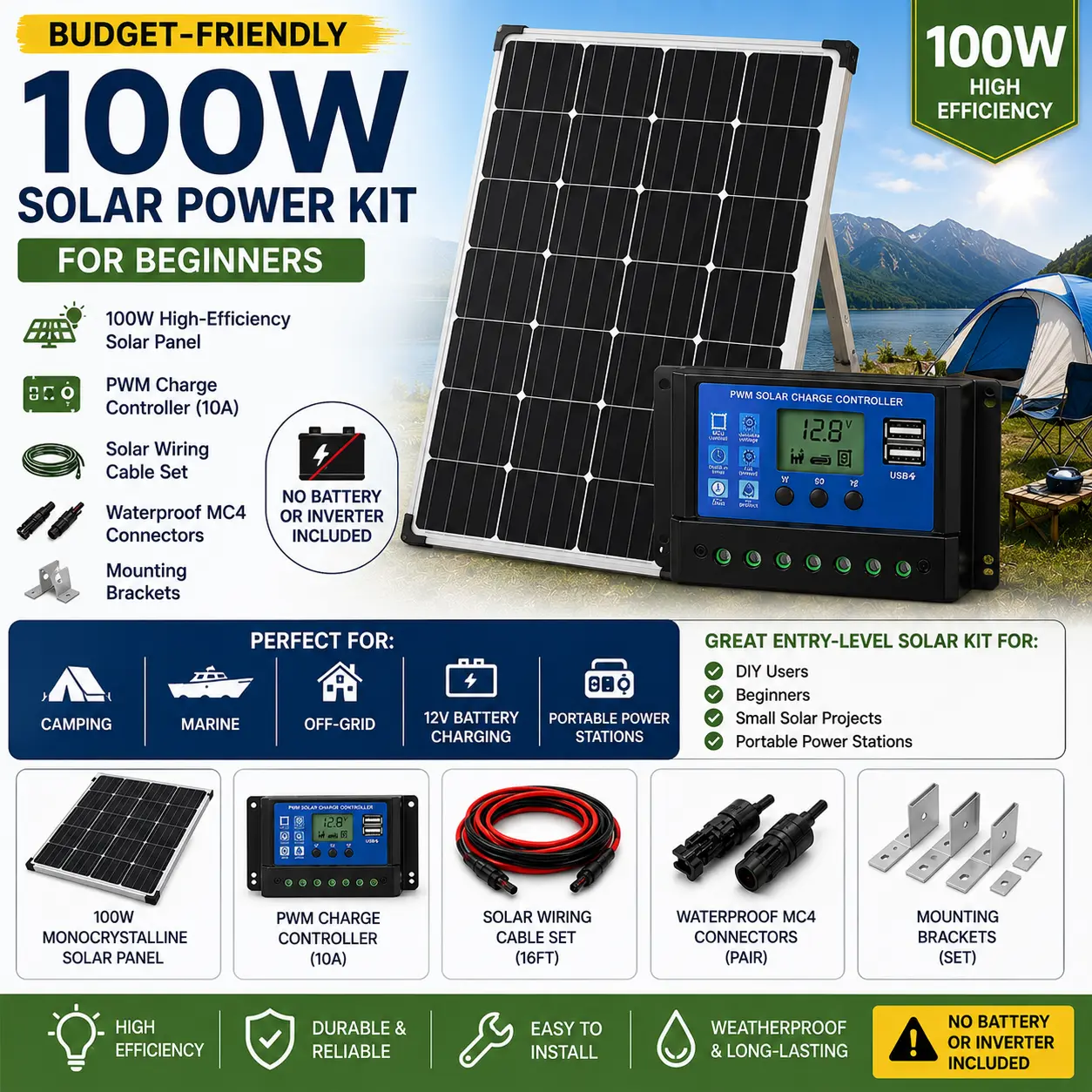 Budget-Friendly 100W Solar Power Kit for Beginners – Portable 12V Solar Panel System with PWM Controller, MC4 Connectors, Cables & Mounting Brackets for Camping, RV, Marine & Off-Grid Battery Charging