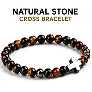 Cross Bead Bracelets for Men and Women, Couple's Bead Bracelets, Natural Lava Stone Bracelets, Anxiety-Relief Stretch Bracelets—Stylish and Versatile Accessories
