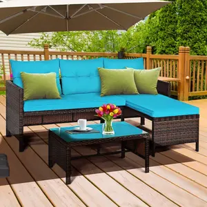COSTWAY 3 Pieces Patio Conversation Set, 2-seat Sofa & Corner Lounge Sofa, Outdoor PE Rattan Wicker Furniture Set W/Cozy Cushions, All Weather Sectional Sofa Set W/Tempered Glass Coffee Table for Poolside, Backyard, Garden