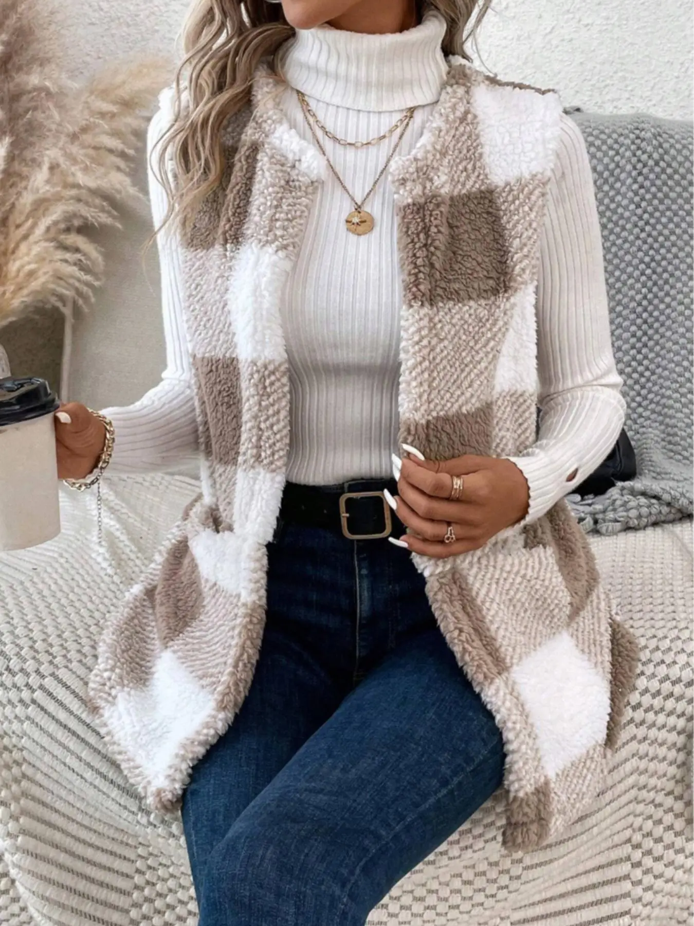 Women's Plaid Print Fuzzy Vest Coat without Sweater, Casual Pocket Open Front Outerwear for Spring & Fall, Fashion Women's Clothing for Daily Wear, Fa