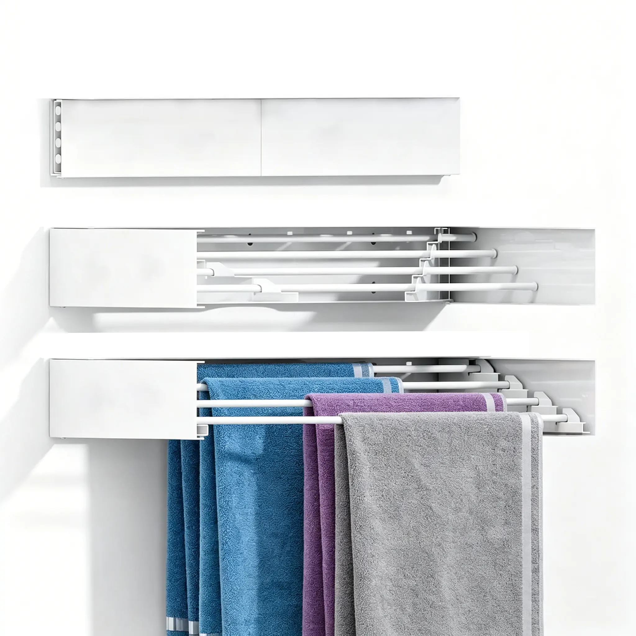 Stainless Steel & Aluminium Compact Wall-Mounted Retractable Laundry Drying Rack, Adjustable with 4 Towel Hooks, 4 Rods, Hidden Space-Saver & Wall Template