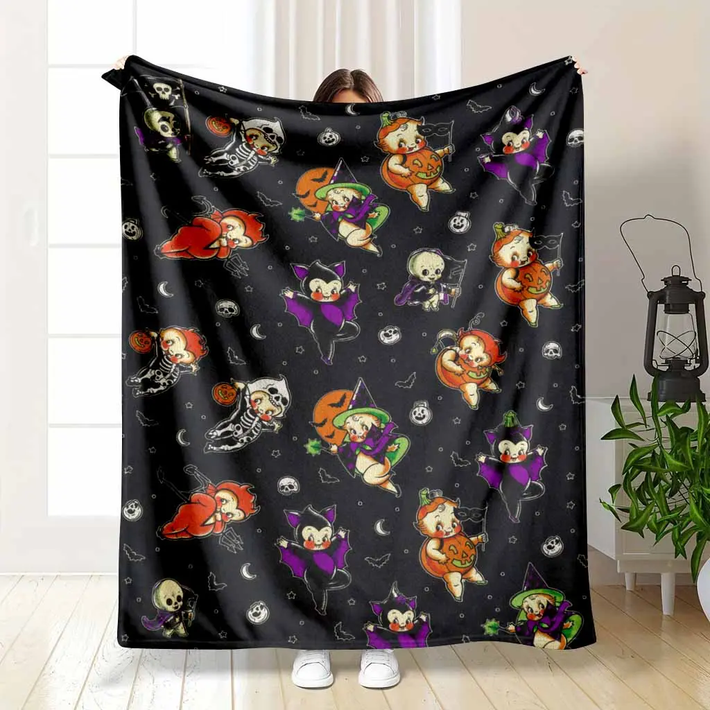 Vintage Halloween Flannel Blanket with Pumpkin Bat Witch Ghost Skeleton Print Soft Cozy Lightweight Warm Throw for Sofa Bed Couch Party Decor Holiday Gift