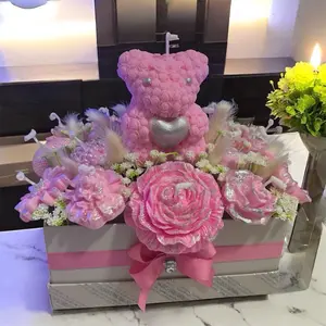 Candle Flower box - Decorative Floral Arrangement with Pink  and SILVER   Flowers in Gift Box - Ornaments candles