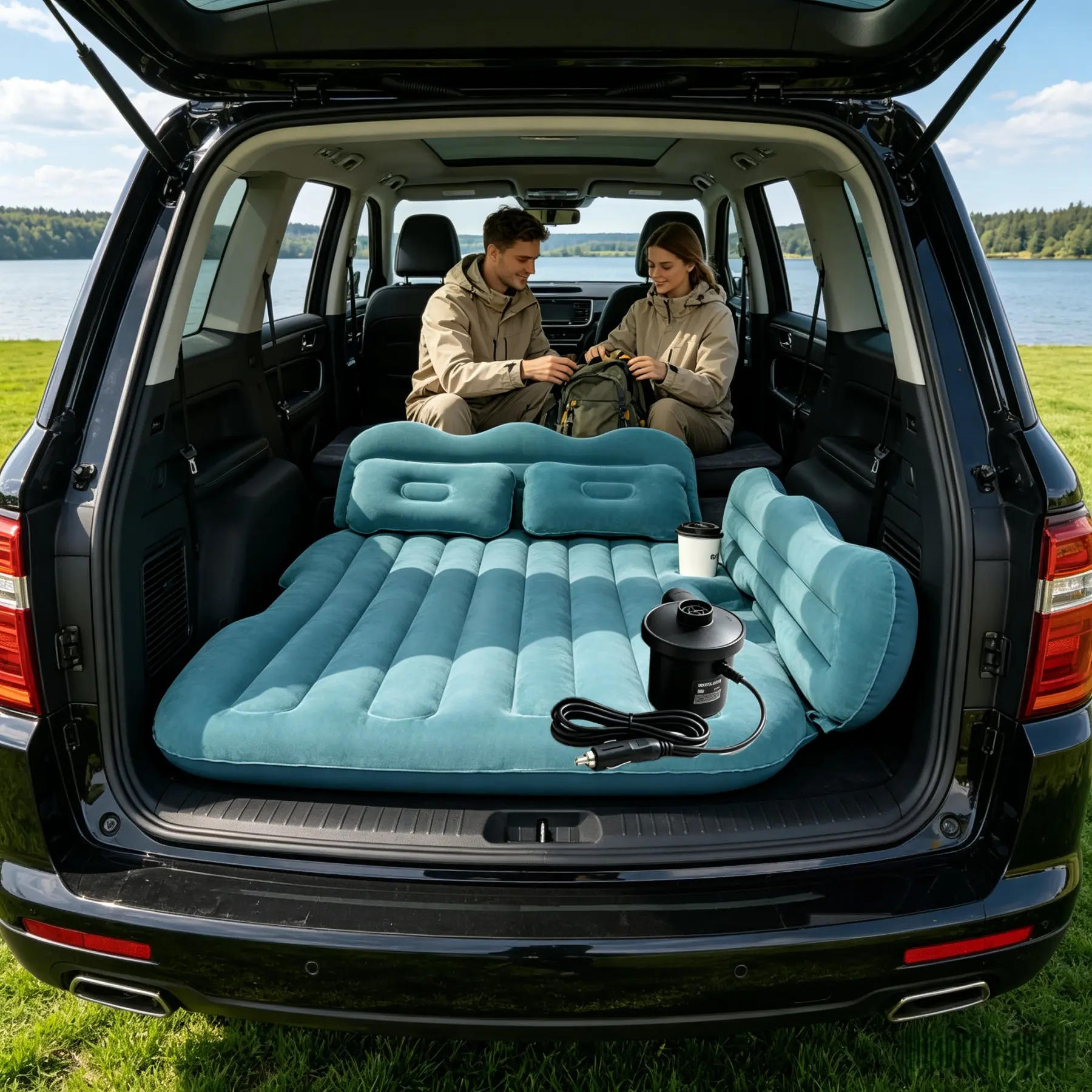Car Air Mattress, Inflatable SUV Truck Air Mattress Back Seat Camping Bed Thickened Car Sleeping Pad for Travel, Car Bed SUV Mattress with Air Pump 2 Pillows