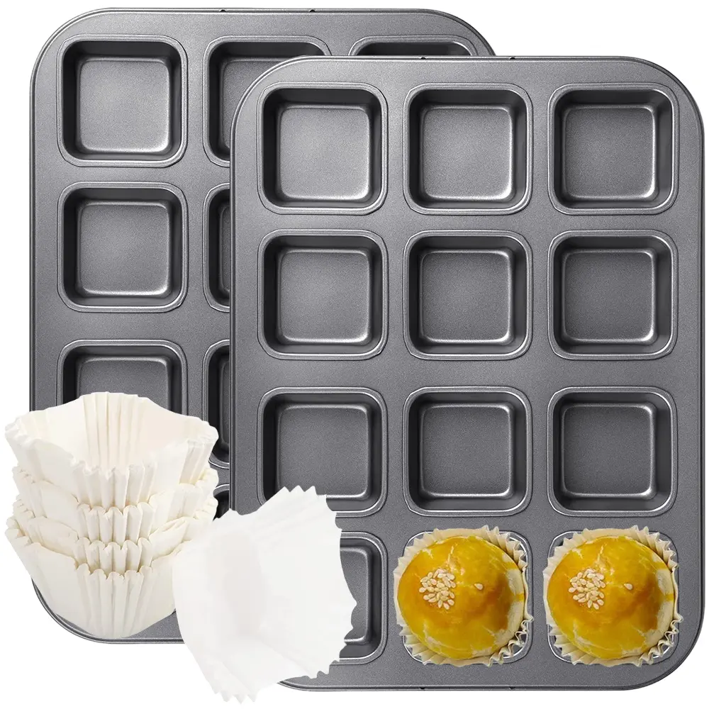 2Pcs Nonstick Heavy-Duty Carbon Steel Square Brownie Pans (12-Cavity with Dividers, Square Shape), 14x10.5x1in Size, 2.625x2.625in Cavities, Heat-Resistant, Oven-Safe, 100Pcs White Cupcake Liners, Gift Boxed for Friends (Home Improvement Baking Mold)