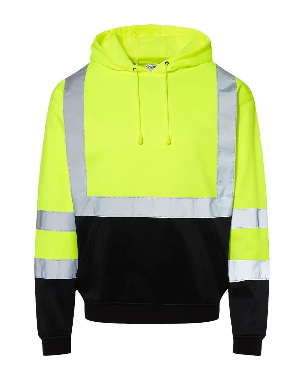 Men's Class 3 High Visibility Hooded Sweatshirt, Casual Long Sleeve Reflective Polyester Pullover Top with Pockets and Black Lower Body, Sleeves, Tops, Outside Slash Pockets, Reflective Trim, Longsleeves, Menswear, High Performance Reflective Material, Lo
