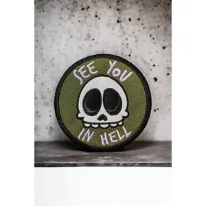 See You In Hell Cute Skull Embroidered Patch - Iron On, Sew On, Hook Back Options in 3" & 4" Sizes, Perfect for Jackets, Vests, Bags