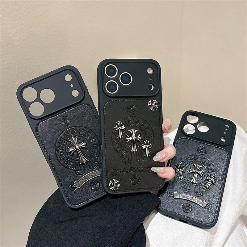 3D Metal Gothic Cross PU Leather Patch iPhone Case - Vintage Embossed Dark Punk, Heavy Duty Shockproof Full Cover, Full Camera Protection for iPhone Series Devices