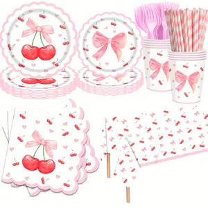 145 pieces of cherry bow banquet tableware, napkins and cherry bow decorations, suitable for baby baptism, bride party, single women's party, birthday party and other occasions.