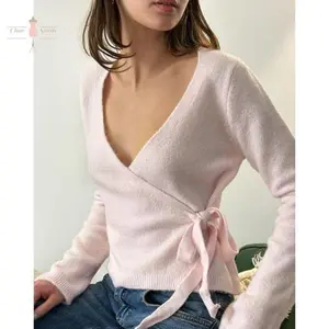 Women's V Neck Knit Cardigan Long Sleeve Wrap Tie Side Solid Color Sweater Fall Tops Cute Knitwear