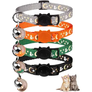 4 count   with Bells,Breakaway  Collars,Kitten  with Bell Moons Stars Cute Kitty Safe Kitten Collars with Pendant, Collars for Boy Cats 6.9-10.7 Inch(Black&Grey&Deep Green&Orange)