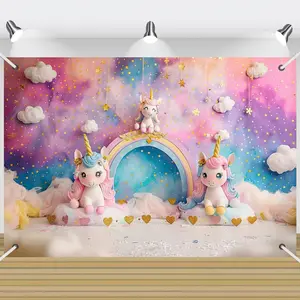 2D flat banner 1pcsstarry  Rainbow Unicorn Party Backdrop, Happy Birthday Decoration Background, Cute Sweety Theme Party Supplies Outdoor Indoor Photo Banne BannerGraduate Party Decor Props Outdoor Door Portrait Photography Studio Professional Backdrops