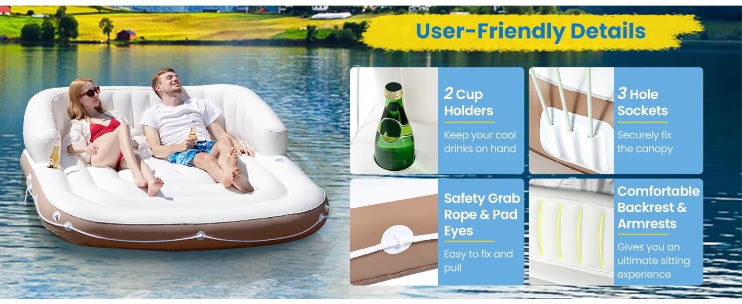 Inflatable Pool Float with Canopy & Cup Holders, Heavy Duty Floating Lounge Raft for Adults Kids, Durable Water Float for Pool Beach Lake River Summer Water Party