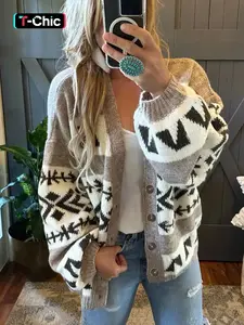 Women's Patchwork Geometric Print Button Front Cardigan, Casual Drop Shoulder Lantern Sleeve Knitwear for Fall, Fashion Ladies' Knit Clothing for Daily Wear, Knitted Sweater, Lightweight Knit Sweater