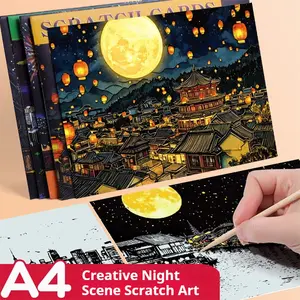 Set of 4 Colorful Art Scratch-off Paintings, DIY Decorative Painting, with A Chinese Style Theme of The World-famous Eiffel Tower and The White House, Including 1 Scratch-off Brush, Suitable for Artistic Creation Stationery for Adults and Children