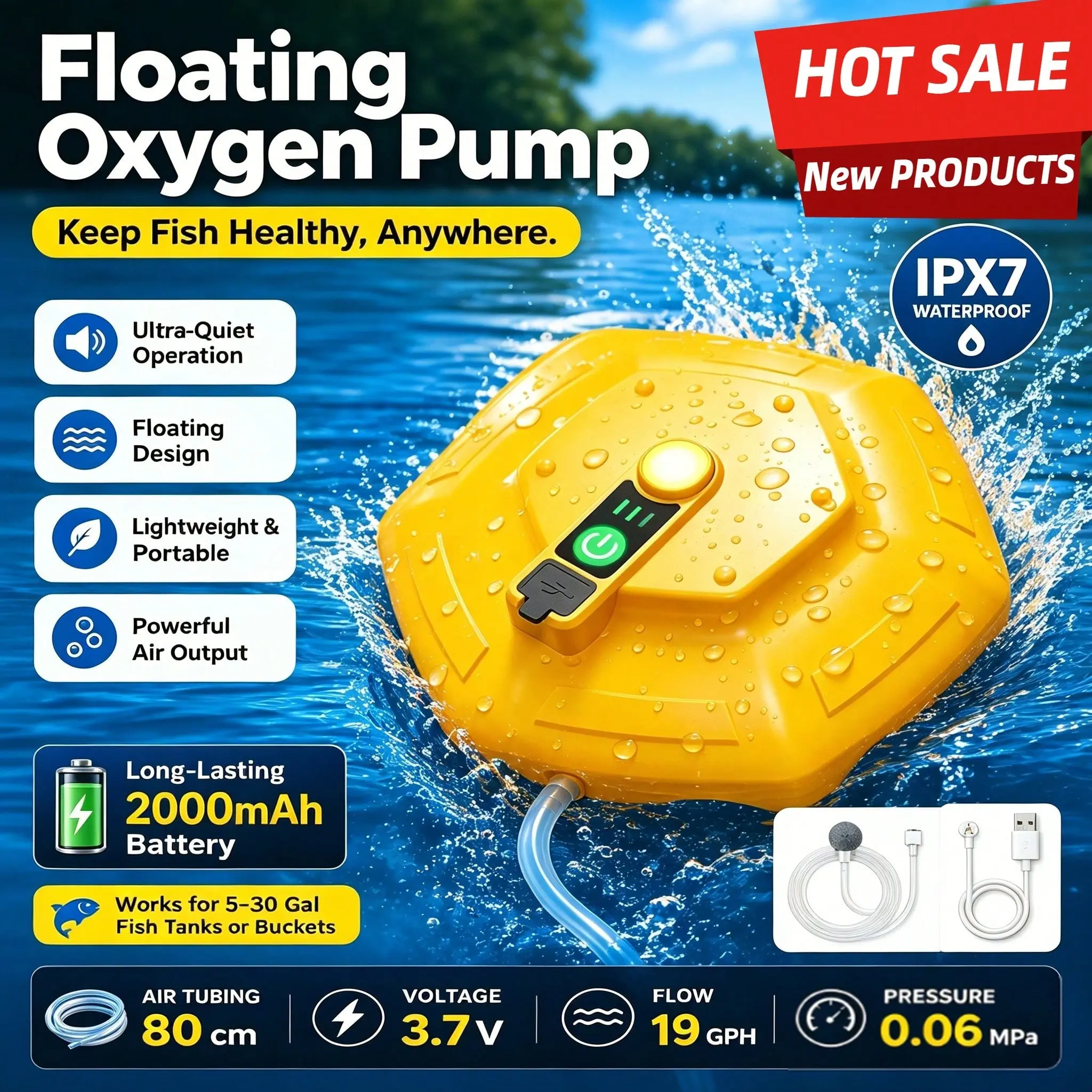 Live Bait Aerator Oxygen IPX7 Waterproof Pump Portable Lightweight Adjustable 3 Speed Air Pump with Magnetic Charging 14h Runtime for Outdoor Fishing Power Outage and Fish Transportation