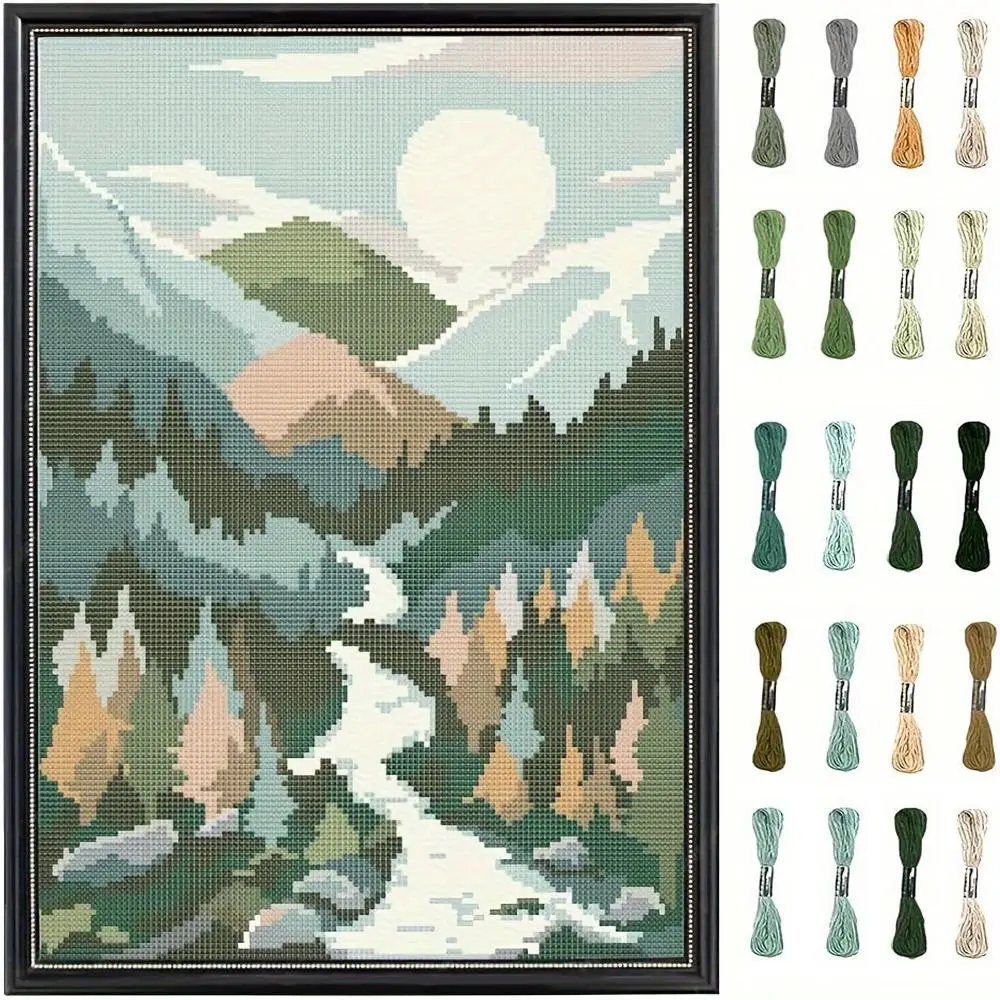 Embroidery Kit, 1 Count Landscape Pattern DIY Cross Stitch Kit with Random Color Tools, Embroidery Craft Kit for Beginners, DIY Wall Decoration
