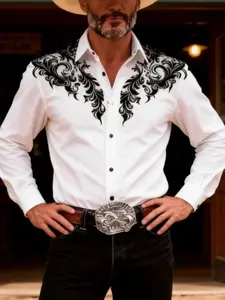 Vintage Western Classic Cowboy Print Yukatak Shirt, Men's Country Casual Long Sleeve Shirt, Perfect for Daily Wear and Cowboy Activities, Menswear