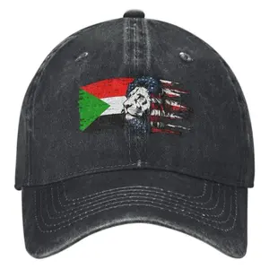 Lion America Flag Sudan Sudanese Flag Dad Hats Distressed Denim Baseball Cap