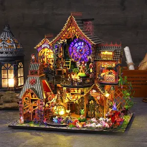 DIY Book Nook Kit with LED Lights, 3D Wooden Miniature Magic Forest Bookshelf Insert Decor, Handmade Bookend Model, Gift for Adults & Book Lovers