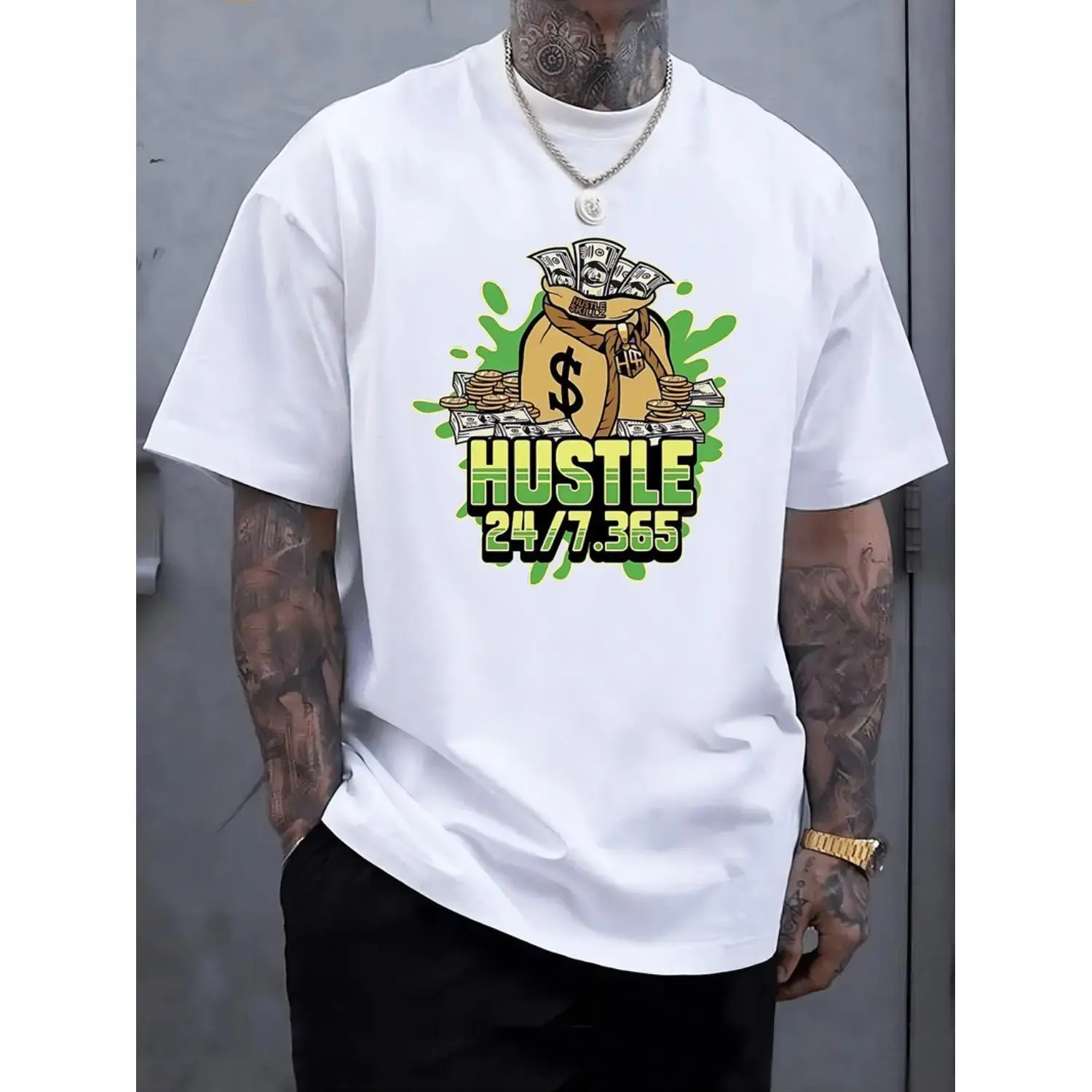 Men's HUSTLE Graphic T-shirt, Casual Short Sleeve Crewneck Top for Summer, Custom Print-on-Demand Streetwear, Menswear, Tops