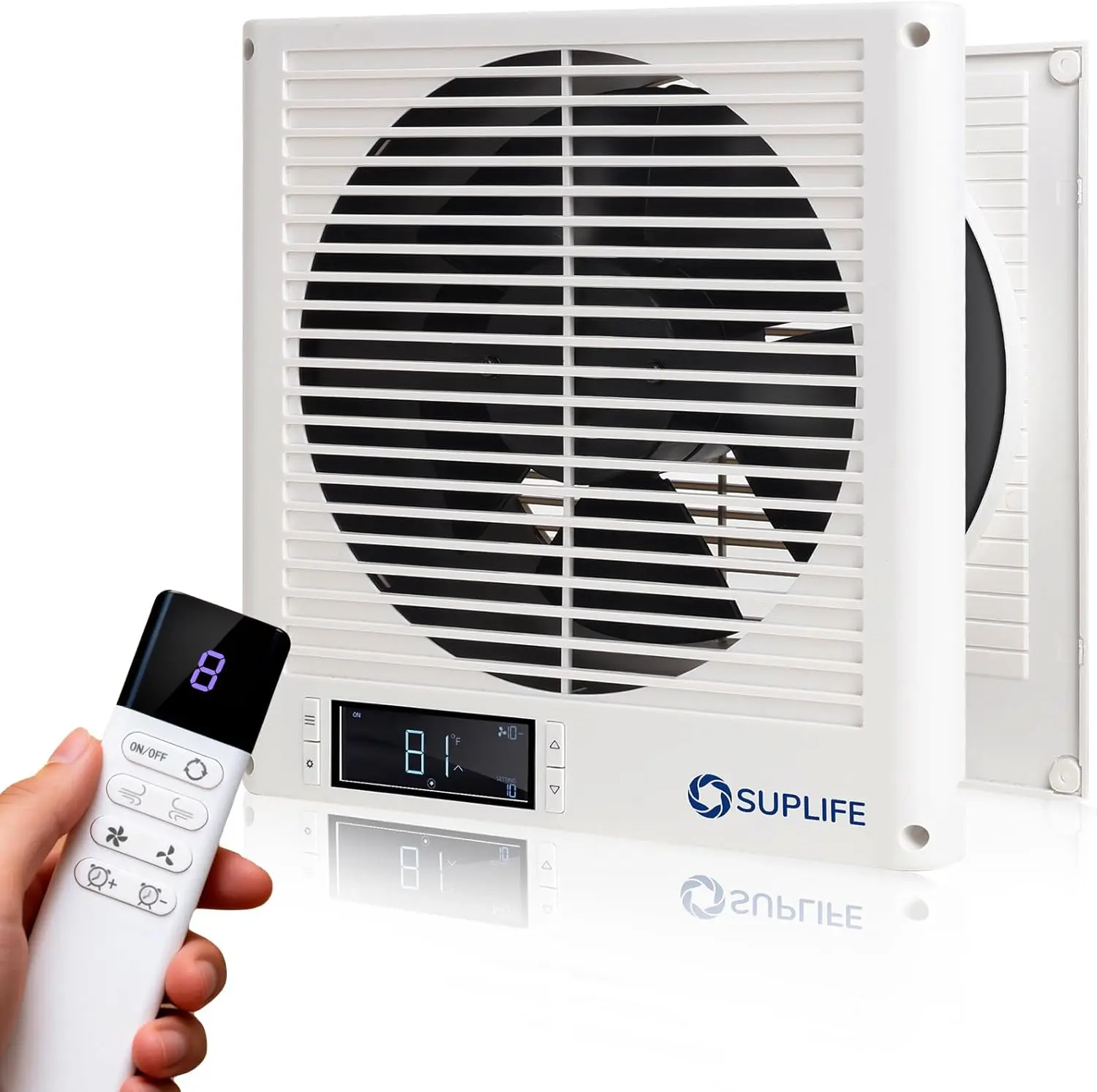 Suplife 8-in Reversible Through-Wall Fan with Remote, EC Motor, Dual Ball Bearings, 320 CFM Powerful Airflow, PWM Control, Precision Speeds, Temperature Control, Smart Controller, Durable Build for Closet, Laundry Room