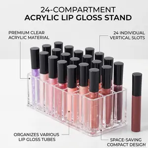 24-Slot Clear Acrylic Lipstick Organizer - Makeup Cosmetic Display Stand Holder for Lip Gloss, Brushes and Eyebrow Pencils