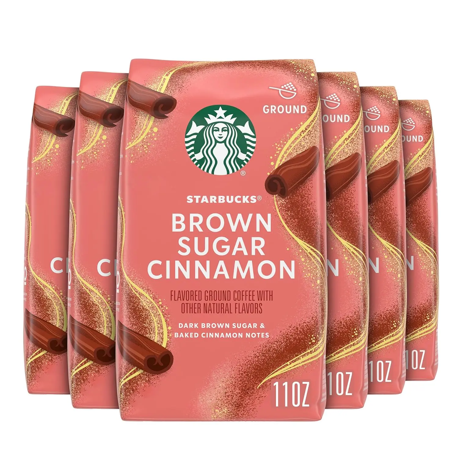 Starbucks Brown Sugar Cinnamon, Hot or Iced Coffee, Flavored Ground Coffee, 6 pack 11 oz Bags