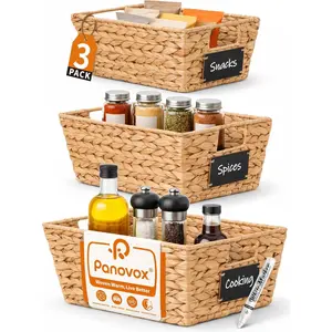 Pantry Organizers and Storage, Water Hyacinth Storage Baskets for Shelves, Natural Baskets for Organizing, Pantry Baskets with Chalkboard Labels and Marker
