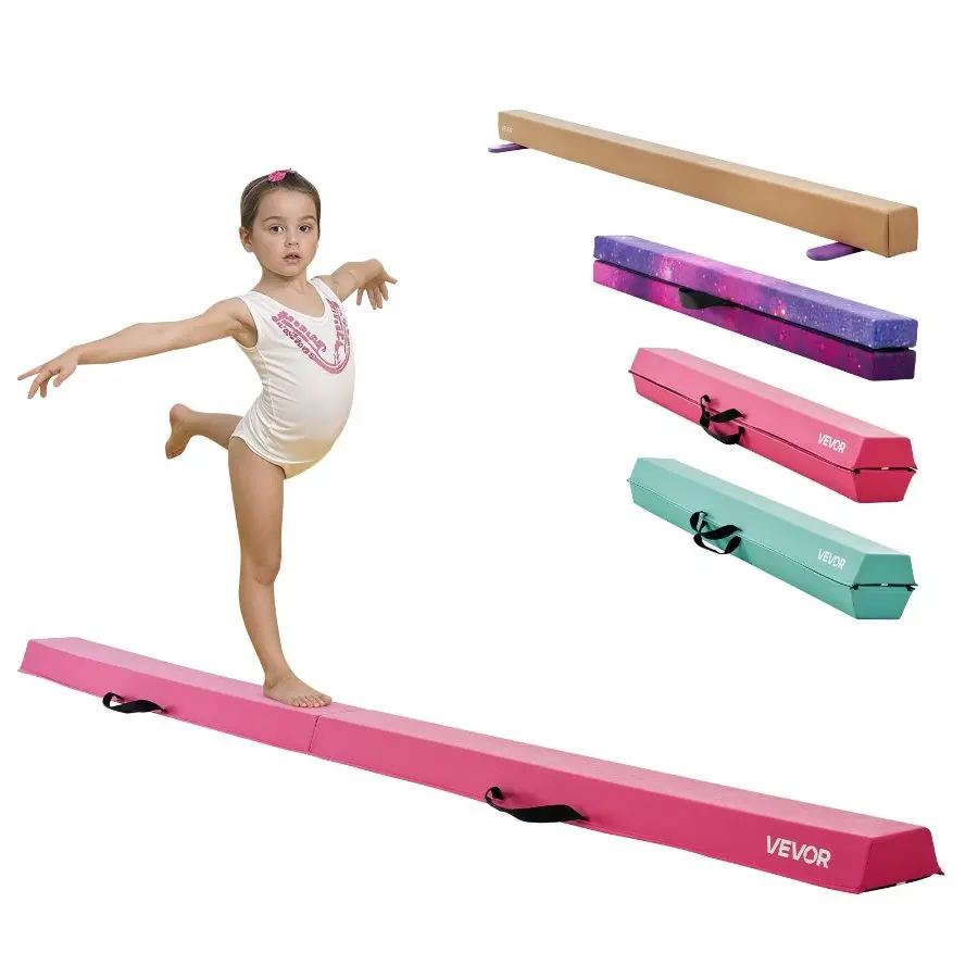 【Summerfinds】 VEVOR 8FT Folding Gymnastics Balance Beam for Kids, 200LBS Stable Support Floor Beam with Non-Slip Mats & Anti-Slip Bottom, Home Gym Training Equipment with Carrying Bag, Pink