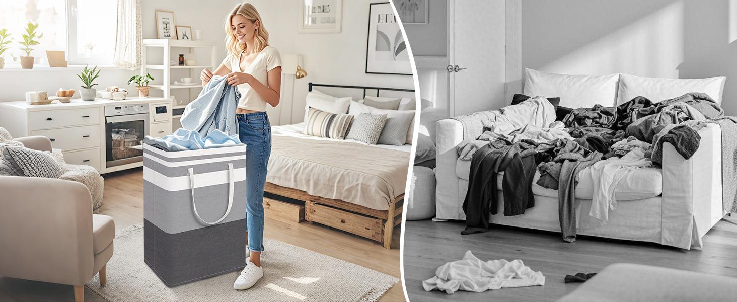 Extra Large Collapsible Fabric Storage Bag with Reinforced Handles, Freestanding Waterproof Laundry Hamper for Bedroom, Dorm, Laundry Room, Travel, or Moving, 75L Gray Gradient Clothes Basket for Towels, Blankets, Quilts, Toys, and Daily Storage