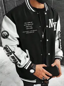 Men's Oversized Letter Long Sleeve Baseball Jacket, Block Design, Casual Fashion Outerwear, Comfortable Fit, Coats