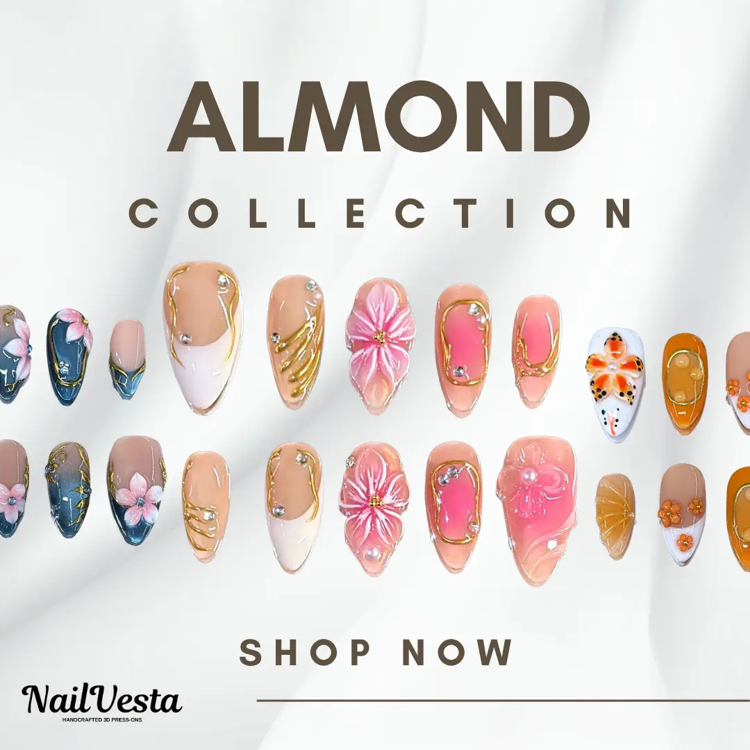 NailVesta ALMOND SHAPE COLLECTION – 100% Handcrafted 3D Press-On Nails | Reusable, Long-Lasting, Salon-Quality