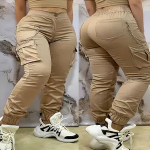Women's High Waist Casual Pants-beige Non-stretch Jeans, Multi-Pocket Design, Casual and Formal Wear Dual-use Spring, Summer and Autumn Daily Pants, Durable Fabric Solid Color