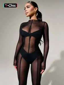 Women's Solid Mesh Patchwork Sheer Long Sleeve Jumpsuit, Round Neck Back Zipper Up See Through Slim Fit One-piece Set, Sexy Party Club Date Music Festival Night Out Jumpsuits Overalls For Ladies Spring Fall Winter Clothes Wear Rompers Jumpsuit