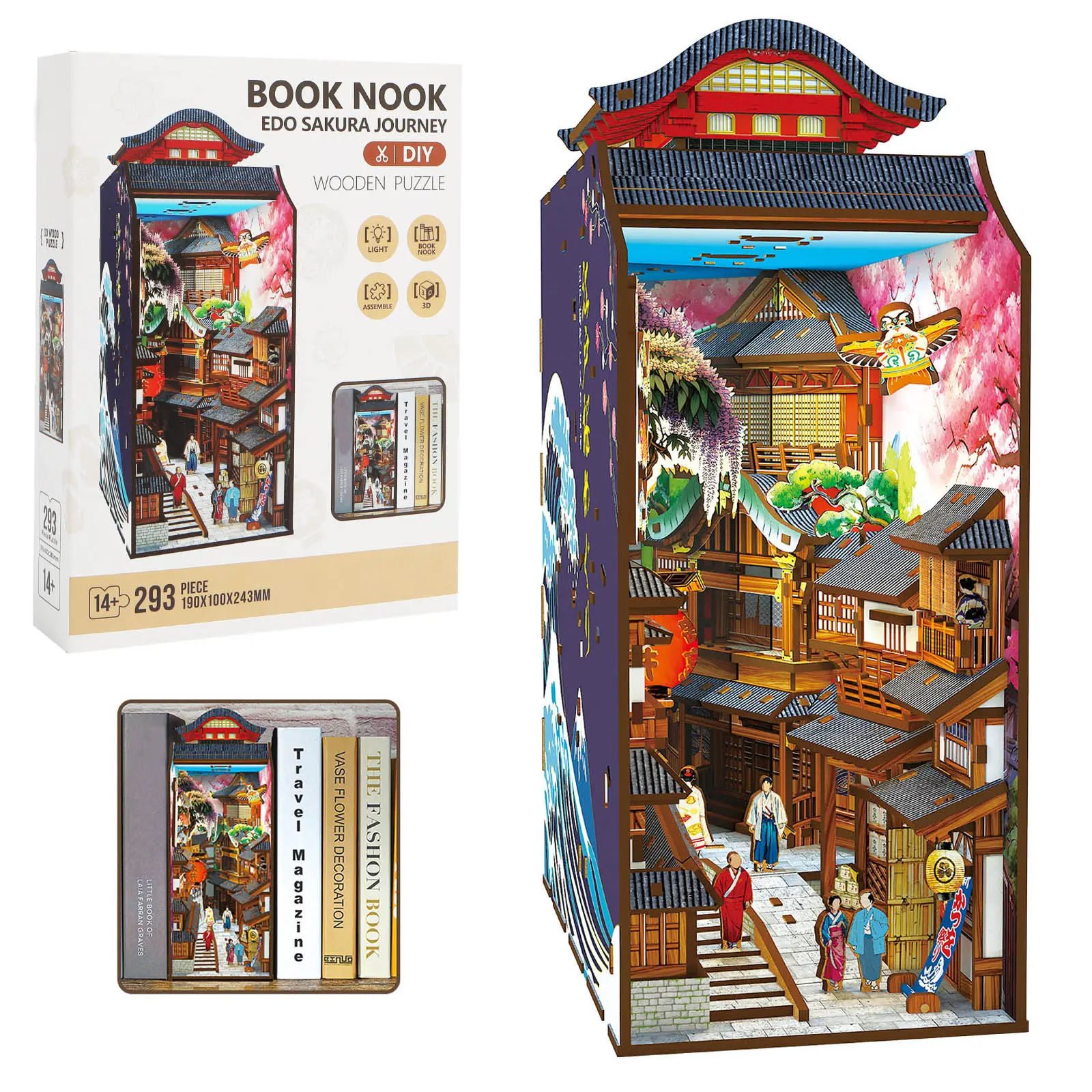 Edo Sakura Journey 3D Wooden Book Nook DIY Kit with LED Light, Cherry Blossom Bookshelf Insert & Bookend Decor, Vibrant Collectibles with Charming Japanese-Inspired Design for 12 Years Above, Birthday Gifts, Birthdays