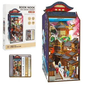 Edo Sakura Journey 3D Wooden Book Nook DIY Kit with LED Light, Cherry Blossom Bookshelf Insert & Bookend Decor for Teens and Adults, Creative Home Decor Gift