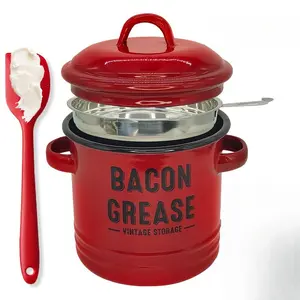 Bacon Grease Container with Strainer & Food-Grade Silicone Spatula,  Large Enamel Rustic Farmhouse Fat Container, Keeper, Dishwasher Safe,Dishwasher Safe Filter Kitchen Utensils fine mesh strainer