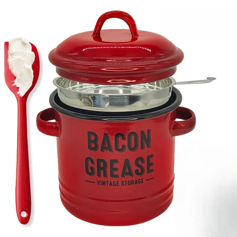 Bacon Grease Container with Strainer & Food-Grade Silicone Spatula,  Large Enamel Rustic Farmhouse Fat Container, Keeper, Dishwasher Safe,Dishwasher Safe Filter Kitchen Utensils fine mesh strainer
