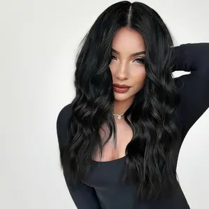 Black Wavy Wigs for Women 18Inch Bob Wave Wig Middle Part Synthetic Lace Natural Hairline Hair for Women Girls Daily Party Use heat resistant Wig