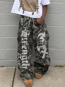 Men's Casual Camo Long Pants, Loose Fit Drawstring Wide Leg, Printed Letters Pattern, All Seasons Fashion, Men's Clothing, Graphic