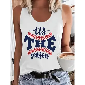 Women's Chic Baseball-Inspired "Tis' THE Season" Graphic Tank Top - Stretchy Polyester Blend Sleeveless Crew Neck, Machine Washable Casual Top for Spring & Summer, Ladies Tank Tops, Spring Fashion, Crew Neck Top, Comfortable Fit