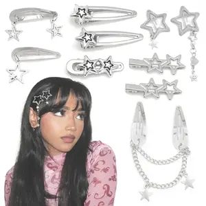 10PCS Silver Metal Star Barrettes for Females, Y2K 2000s Punk Kawaii Hair Accessories with 8 Shapes Including Pentagram Snap Clips, Female